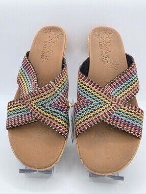 Skechers Luxe Foam Wedge Sandals Multicolor Strap Cork Platform NWT